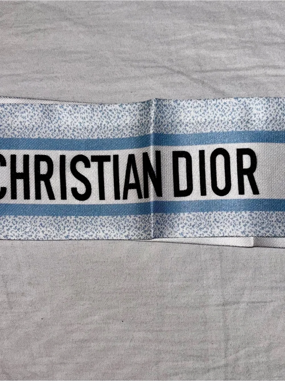 Brand New Twilly  Light Blue and White Christian Dior Logo Silk Scarf